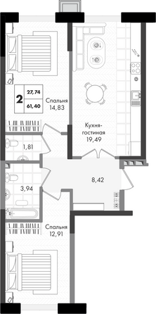 Планировка 2-комн 61,4 м²