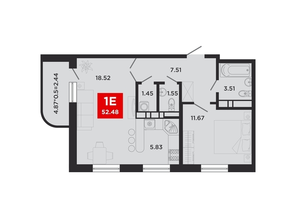 Планировка 1-комн 35,91 - 52,48 м²