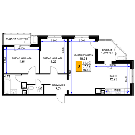 Планировка 3-комн 70,82 м²