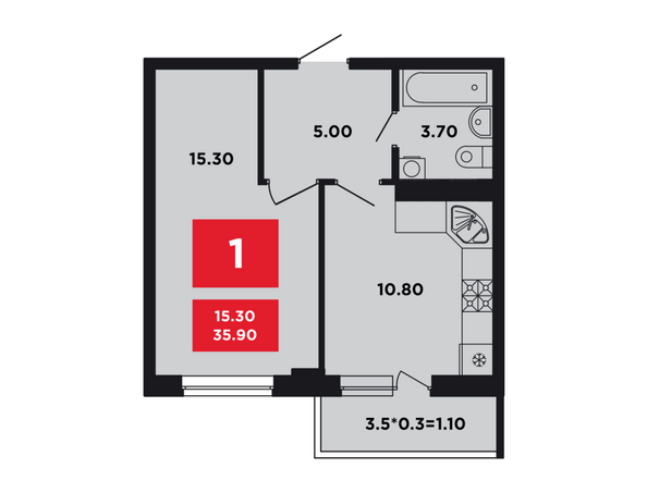 Планировка 1-комн 35,7, 35,9 м²