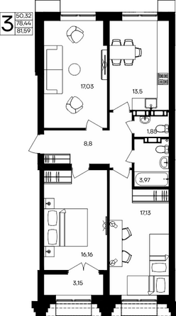 Планировка 3-комн 81,59 м²