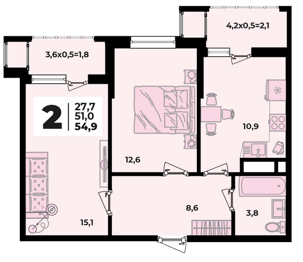 Планировка 2-комн 54,9 м²