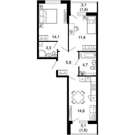 Планировка 2-комн 57,4 м²