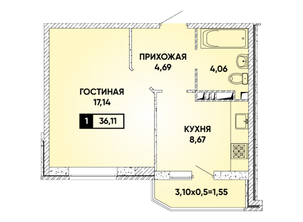 Планировка 1-комн 36,11 м²