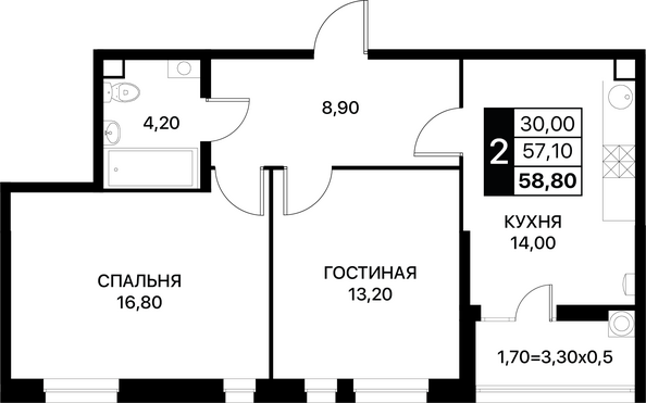 Планировка 2-комн 58,8 м²