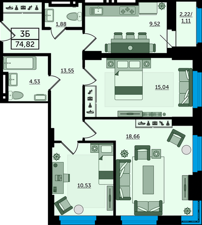 Планировка 3-комн 74,82 м²