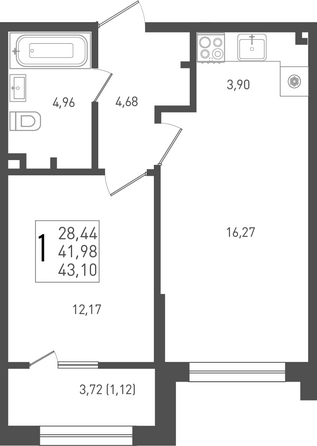 Планировка 1-комн 43,1 м²