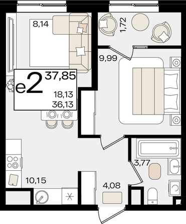 Планировка 2-комн 37,85 м²