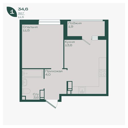 Планировка 1-комн 34,6 м²