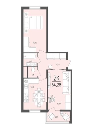 Планировка 2-комн 64,28 м²
