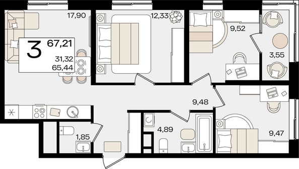 Планировка 3-комн 67,21 м²