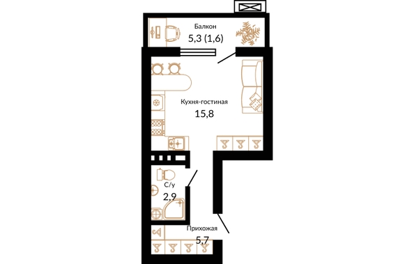 Планировка 1-комн 26 м²