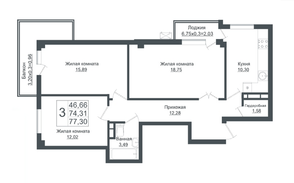 Планировка 3-комн 77,3 м²