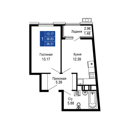 Планировка 1-комн 38,31 м²