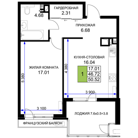 Планировка 1-комн 50,52 м²