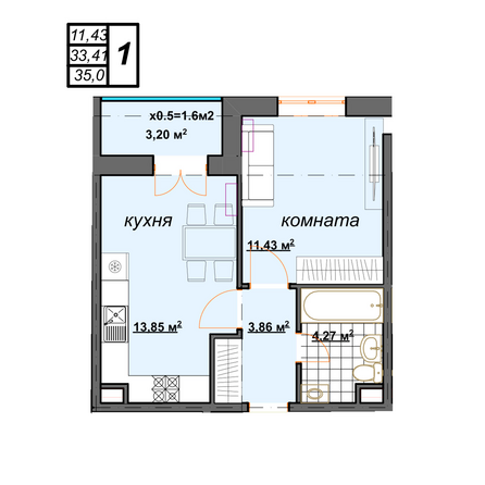 Планировка 1-комн 35 м²