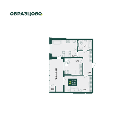 Планировка 2-комн 59,02 м²