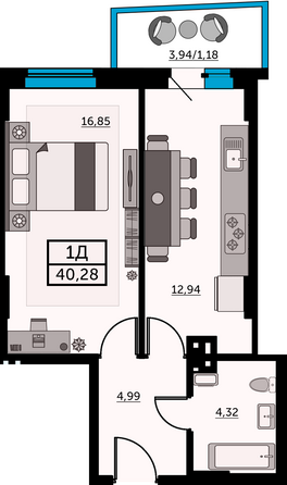 Планировка 1-комн 39,82 м²