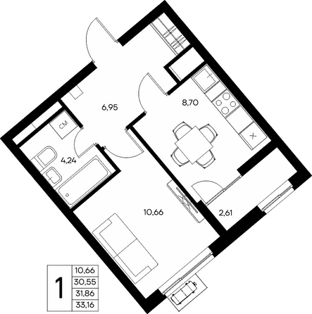Планировка 1-комн 33,16, 33,26 м²