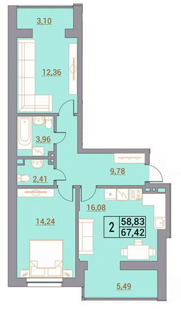 Планировка 2-комн 67,42 м²