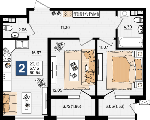 Планировка 2-комн 60,54 м²