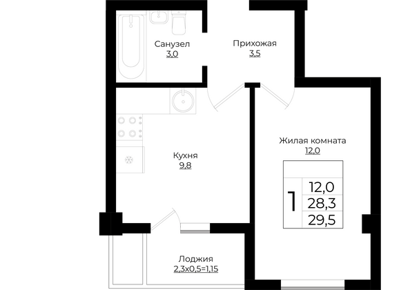 Планировка 1-комн 29,4 м²