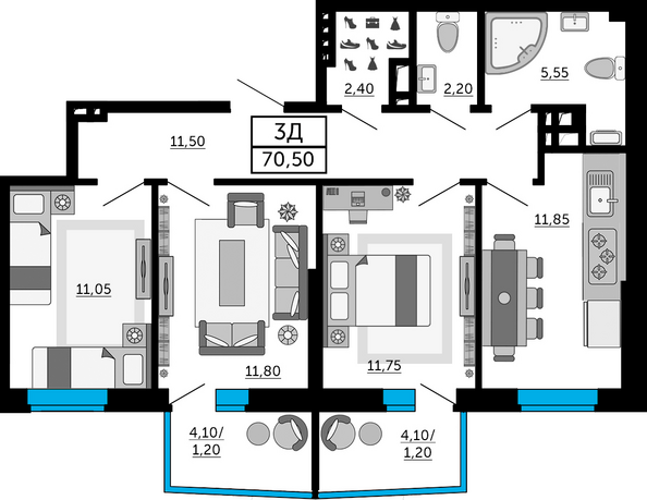 Планировка 3-комн 70,15, 70,5 м²