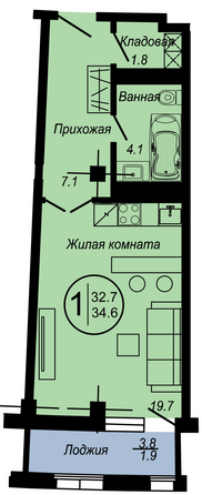 Планировка 1-комн 34,6 м²