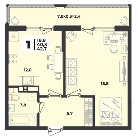 Планировка 1-комн 42,7 м²