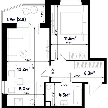 Планировка 2-комн 42,4 м²