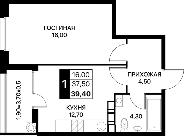 Планировка 1-комн 39,4 м²