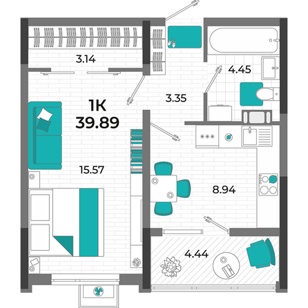 Планировка 1-комн 39,89 м²