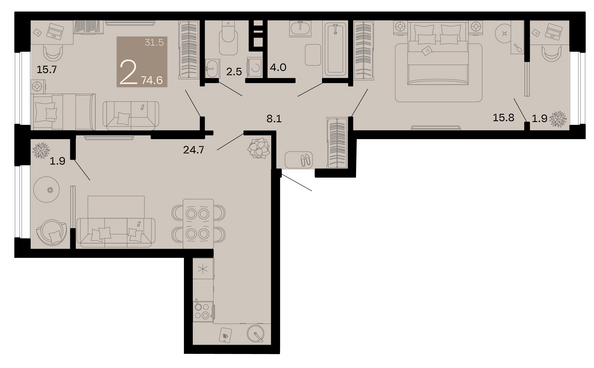 Планировка 2-комн 74,6 м²