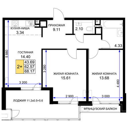 Планировка 2-комн 68,17 м²