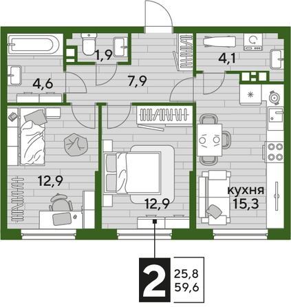 Планировка 2-комн 59,6 м²