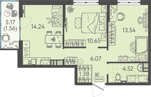 Планировка 2-комн 51,77 м²