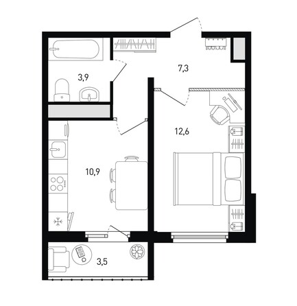 Планировка 1-комн 35,8 - 36,5 м²