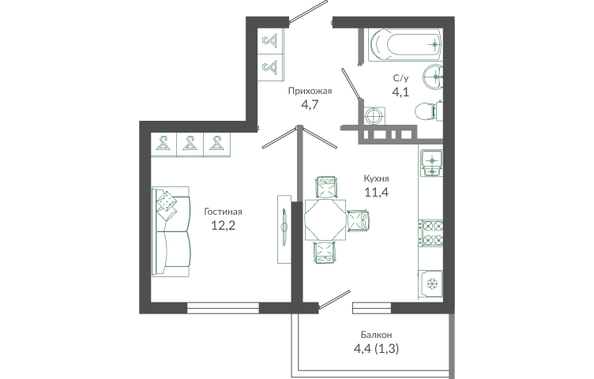 Планировка 1-комн 33,7 м²