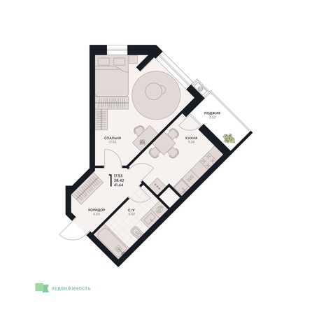 Планировка 1-комн 41,64 м²