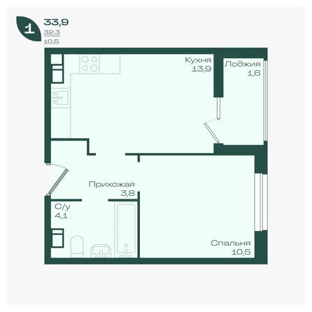Планировка 1-комн 33,9 м²