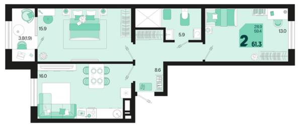 Планировка 2-комн 61,3 м²