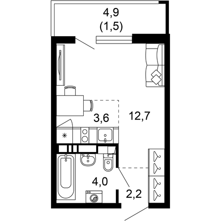 Планировка 1-комн 24 м²