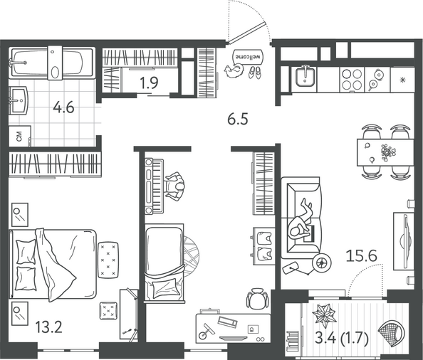 Планировка 2-комн 56,7 м²