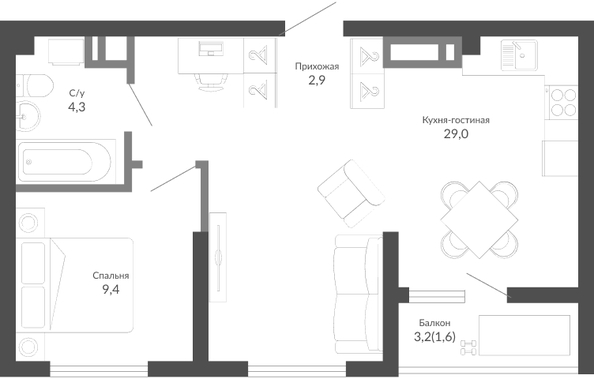 Планировка 1-комн 47,2 м²