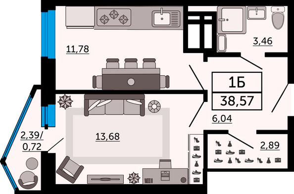 Планировка 1-комн 38,57 м²