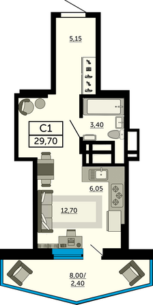 Планировка Студия 29,7 м²