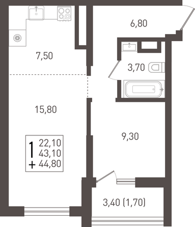 Планировка 1-комн 44,8 м²