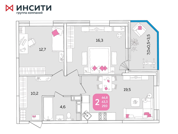 Планировка 2-комн 66,8 м²