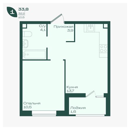 Планировка 1-комн 33,8 м²