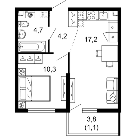 Планировка 1-комн 37,5 м²